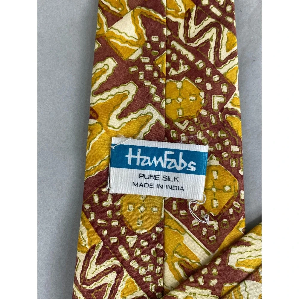 HanFabs Mens Silk Tie Batik Geometric Yellow Brown Rust Tribal Artsy Tribal 56x4